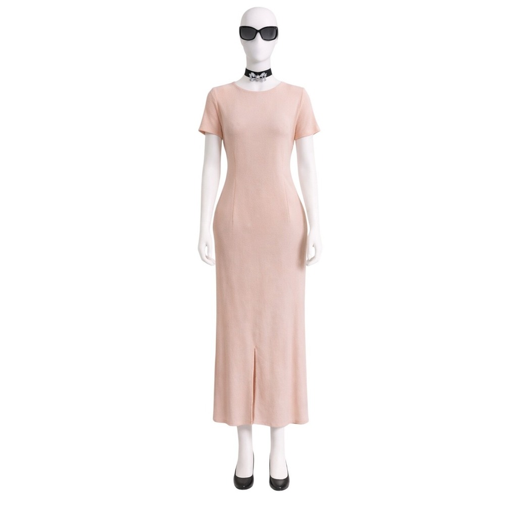 VTG Pink Midi Dress Short Sleeve Sheer Lace Neckline Button Lace Buttons Size 16